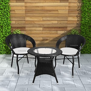 rattan wicker garden patio seating chair and table set for outdoor balcony garden coffee table set furniture 1 table and 2 chairs with white cushion black