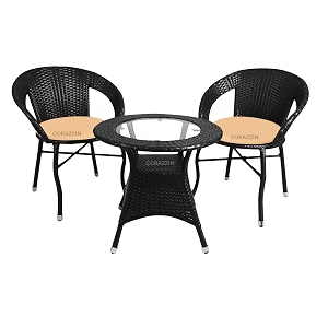 rattan wicker garden patio seating chair and table set for outdoor balcony garden coffee table set furniture 1 table and 2 chairs with cream cushion black