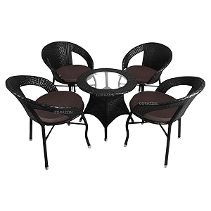 rattan wicker garden patio seating chair and table set for outdoor balcony garden coffee table set furniture with 1 table and 4 chairs with brown cushion black