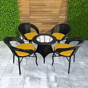 rattan wicker garden patio seating chair and table set for outdoor balcony garden coffee table set furniture with 1 table and 4 chairs with yellow cushion black