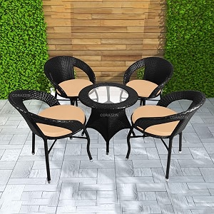 rattan wicker garden patio seating chair and table set for outdoor balcony garden coffee table set furniture with 1 table and 4 chairs with cream cushion black