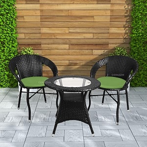 rattan wicker garden patio seating chair and table set for outdoor balcony garden coffee table set furniture 1 table and 2 chairs with green cushion black