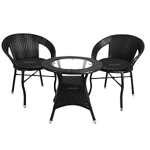 rattan wicker garden patio seating chair and table set for outdoor balcony garden coffee table set furniture 1 table and 2 chairs with black cushion black