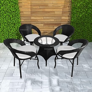 rattan wicker garden patio seating chair and table set for outdoor balcony garden coffee table set furniture with 1 table and 4 chairs with white cushion black