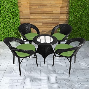 rattan wicker garden patio seating chair and table set for outdoor balcony garden coffee table set furniture with 1 table and 4 chairs with green cushion black