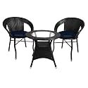 Rattan Wicker Garden Patio Seating Chair and Table Set for Outdoor Balcony Garden Coffee Table Set Furniture 1 Table and 2 Chairs with Blue Cushion, Black