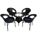 Rattan Wicker Garden Patio Seating Chair and Table Set for Outdoor Balcony Garden Coffee Table Set Furniture with 1 Table and 4 Chairs with Blue Cushion (Black)