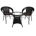 Rattan Wicker Garden Patio Seating Chair and Table Set for Outdoor Balcony Garden Coffee Table Set Furniture 1 Table and 2 Chairs with Brown Cushion, Black