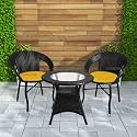 Rattan Wicker Garden Patio Seating Chair and Table Set for Outdoor Balcony Garden Coffee Table Set Furniture with 1 Table and 2 Chairs with Yellow Cushion, Black