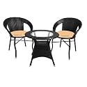 Rattan Wicker Garden Patio Seating Chair and Table Set for Outdoor Balcony Garden Coffee Table Set Furniture 1 Table and 2 Chairs with Cream Cushion, Black