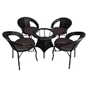 Rattan Wicker Garden Patio Seating Chair and Table Set for Outdoor Balcony Garden Coffee Table Set Furniture with 1 Table and 4 Chairs with Brown Cushion (Black)