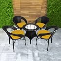 Rattan Wicker Garden Patio Seating Chair and Table Set for Outdoor Balcony Garden Coffee Table Set Furniture with 1 Table and 4 Chairs with Yellow Cushion (Black)
