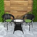 Rattan Wicker Garden Patio Seating Chair and Table Set for Outdoor Balcony Garden Coffee Table Set Furniture 1 Table and 2 Chairs with Green Cushion, Black