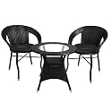 Rattan Wicker Garden Patio Seating Chair and Table Set for Outdoor Balcony Garden Coffee Table Set Furniture 1 Table and 2 Chairs with Black Cushion, Black