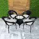 Rattan Wicker Garden Patio Seating Chair and Table Set for Outdoor Balcony Garden Coffee Table Set Furniture with 1 Table and 4 Chairs with White Cushion (Black)