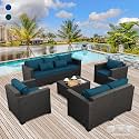 Rattaner Patio Furniture Set 5 Pieces Outdoor Furniture Sets Patio Couch Outdoor Chairs Coffee Table Peacock Blue Anti-Slip Cushions and Waterproof Covers