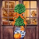 RattanView Fall Chinoiserie Pumpkin Door Hanger Decor Autumn Bow Wreath