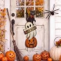 RattanView Hey Boo Halloween Door Hanger, Pumpkin Black Cat Sign