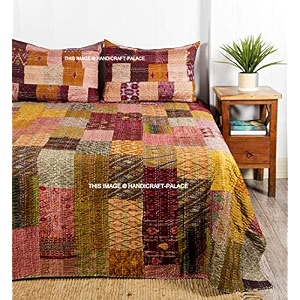 ravaiyaa - attitude is everything handmade kantha work bed cover traditional patchwork quilt double bedspread gudari silk bedding quilt comforter ralli green queen