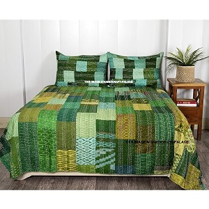 ravaiyaa - attitude is everything handmade kantha work bed cover traditional patchwork quilt double bedspread gudari silk bedding quilt comforter ralli green queen
