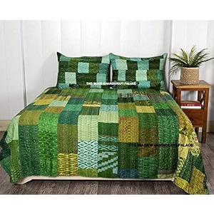 ravaiyaa - attitude is everything handmade kantha work bed cover traditional patchwork quilt double bedspread gudari silk bedding quilt comforter ralli green queen