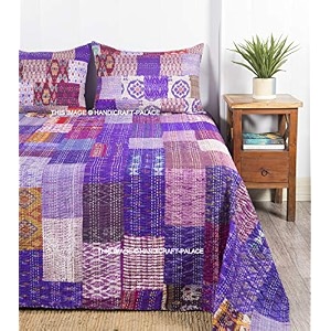 ravaiyaa - attitude is everything handmade kantha work bed cover traditional patchwork quilt double bedspread gudari silk bedding quilt comforter ralli purple queen