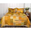 Ravaiyaa - Attitude is everything Handmade Kantha Work Bed Cover Traditional Patchwork Quilt Double Bedspread Gudari Silk Bedding Quilt Comforter Ralli (Yellow, King)