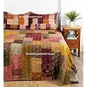 Ravaiyaa - Attitude is everything Handmade Kantha Work Bed Cover Traditional Patchwork Quilt Double Bedspread Gudari Silk Bedding Quilt Comforter Ralli (Green, Queen)