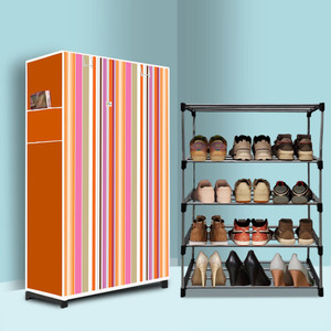 raxon world 4 tier foldable shoe rack  space saver universal for entry bedroom  balcony metal shoe stand orange strip modern printeda4 4 shelves diydo-it-yourself