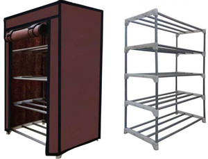 raxon world multipurpose metal bookcloth foldable rack with cover for anywhere use metal shoe stand