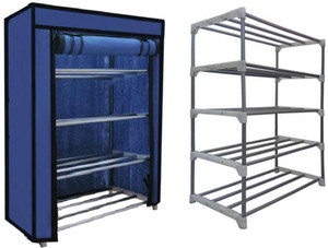 raxon world multipurpose metal bookshoecloth foldable rack with cover for anywhere use metal shoe stand dark blue 4 shelves diydo-it-yourself