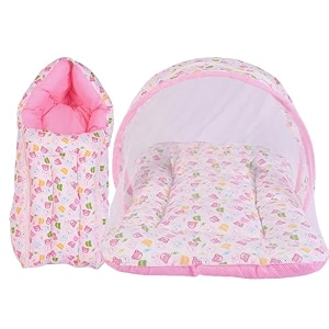 new born baby boy39s amp baby girl39s cotton bedding set combo of mattress with mosquito net and carry bag cum baby carry bag 0-6 months pink teddy single size