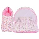 New Born Baby Boy's &amp; Baby Girl's Cotton Bedding Set Combo of Mattress with Mosquito Net and Carry Bag Cum Baby Carry Bag (0-6 Months Pink Teddy, Single Size)