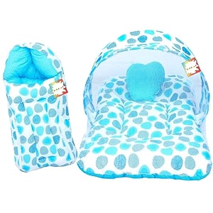 new born baby boy39s amp baby girl39s bedding set combo of mattress with mosquito net and sleeping bag cum baby carry bag 0-6 months blue polka dot