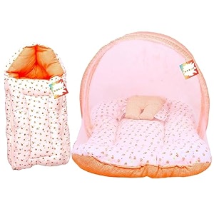 new born baby boy39s amp baby girl39s bedding set combo of mattress with mosquito net and sleeping bag cum baby carry bag 0-6 months orange dil