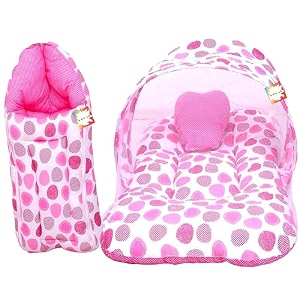 new born baby boy39s amp baby girl39s cotton bedding set combo of mattress with mosquito net and sleeping bag cum baby carry bag 0-6 months pink polka dot