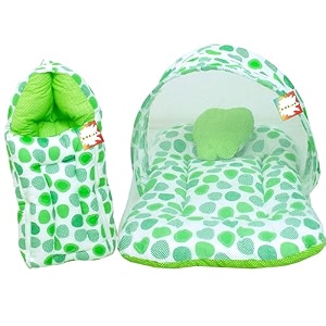 new born baby boy39s amp baby girl39s cotton bedding set combo of mattress with mosquito net and sleeping bag cum baby carry bag 0-6 months green polka dot