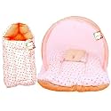New Born Baby Boy's &amp; Baby Girl's Bedding Set Combo of Mattress with Mosquito Net and Sleeping Bag Cum Baby Carry Bag (0-6 Months Orange Dil)
