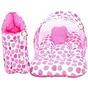 New Born Baby Boy's &amp; Baby Girl's Cotton Bedding Set Combo of Mattress with Mosquito Net and Sleeping Bag Cum Baby Carry Bag (0-6 Months Pink Polka Dot)