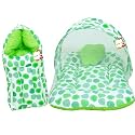 New Born Baby Boy's &amp; Baby Girl's Cotton Bedding Set Combo of Mattress with Mosquito Net and Sleeping Bag Cum Baby Carry Bag (0-6 Months Green Polka Dot)