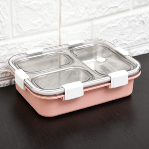 rbgiit reusable stainless steel bento box with secure locks  multi-use food trays 3 containers stainless steel plastic silicone office lunch box