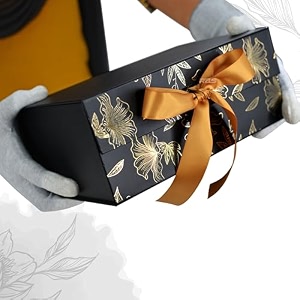 rbs - luxury black gift box 23 x 16 x 10 cm gift packing box for hamper cardboard box 1 pack empty gift boxes multipurpose gift boxes for all occasions holds upto 5kg gold front floral