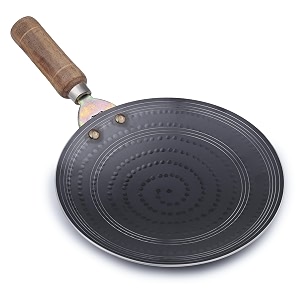rby heavy base pure iron tawa lohe ka tawa gas and induction friendly 95 inch for roti chapati paratha metal spoon friendly riveted wooden handle hammered loha lohakhand tava thawa dishwasher safe