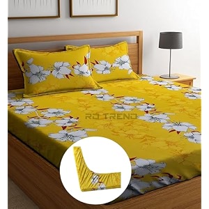 rd trend presents luxurious glace cotton super soft 210 tc 360 elastic fitted bedsheets single bed size 72 x 48 x 8 inch with 1 pillow cover size 28 x18 color- beige floral