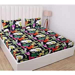 rd trend presents luxurious glace cotton super soft 210 tc king size 78x72x8 inch 360 elastic fitted bedsheet with 2 pillow covers colour multicolor pattern-cartoon print