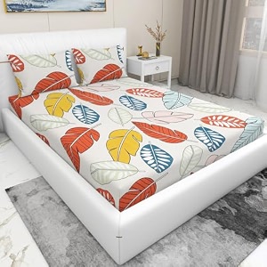 rd trend 210 tc queen size bedsheet for double bed microfiber double bedsheet 90x90 inches with 2 pillow cover 18x28 inches cream orange leaf