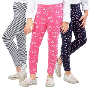 real basics girls cotton printed non-transparent regular fit ankle length leggings 3 leggings set