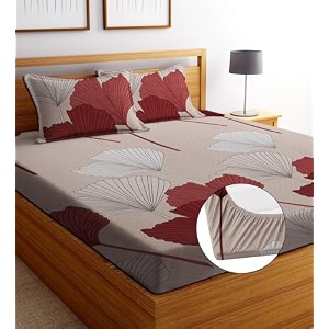 realdream luxurious cotton feel glace cotton super soft king size elastic fitted printed double bed bedsheet with 2 pillow covers 72 x 78 x 6 inches white-box