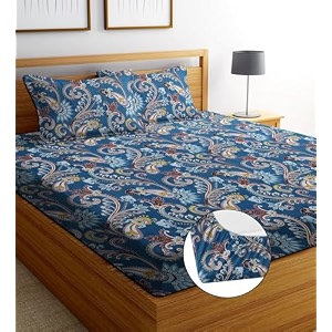 realdream luxurious cotton feel glace cotton super soft king size elastic fitted printed double bed bedsheet with 2 pillow covers 72 x 78 x 6 inches blue-multi