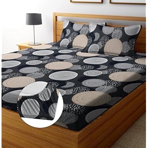 realdream luxurious cotton feel glace cotton super soft king size elastic fitted printed double bed bedsheet with 2 pillow covers 72 x 78 x 6 inches white-box
